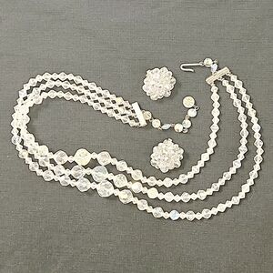 Vintage Crystal Jewelry Set with Clip Earrings and 17"-19" 3 Tier Necklace